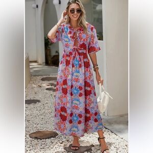 Olivaceous Rose Floral Print Tie Front High Waist Loose Midi Dress Size Small